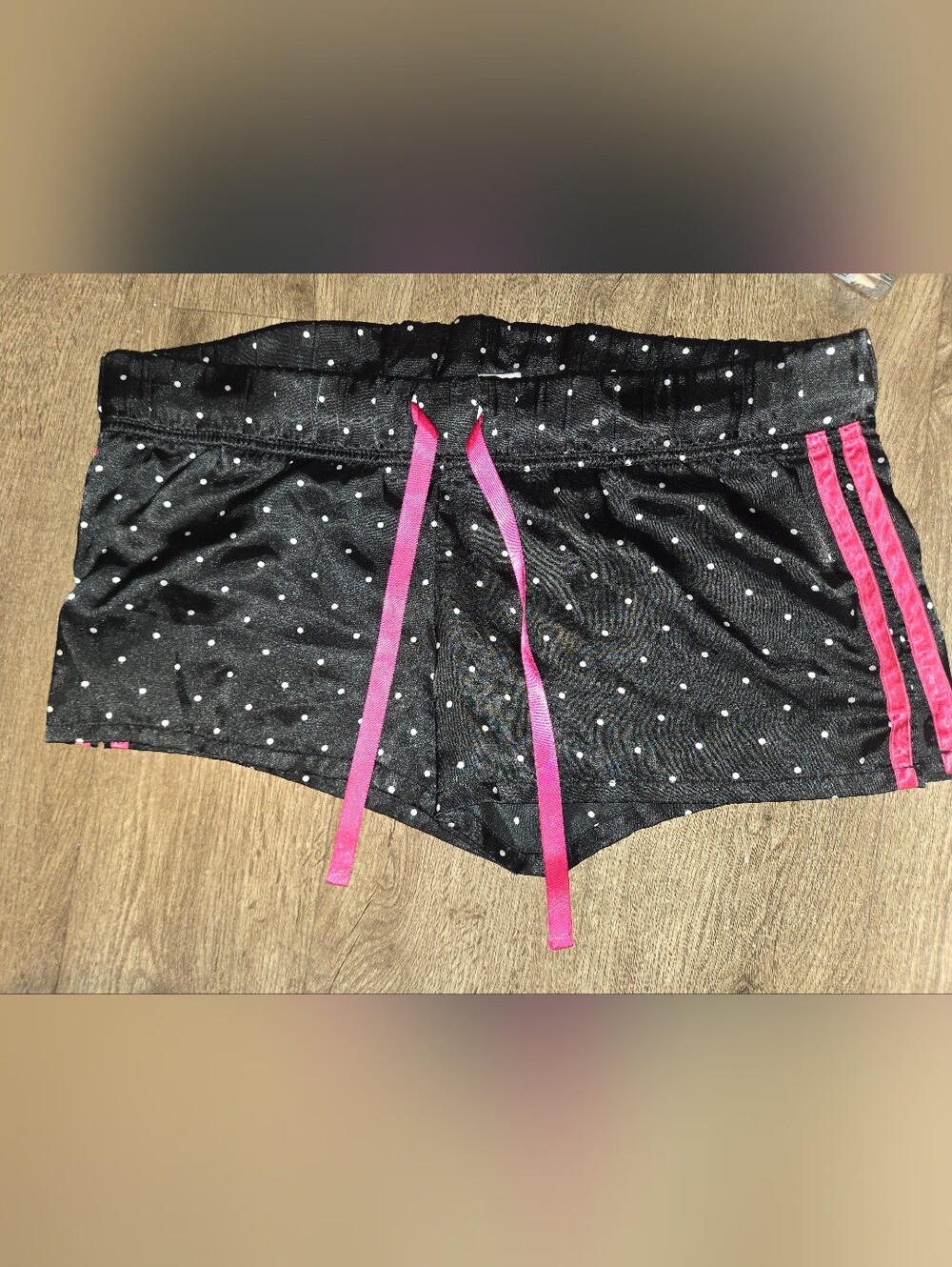 Black Pajama Bottoms, With White Dots,Pink Trim And Pink Laces